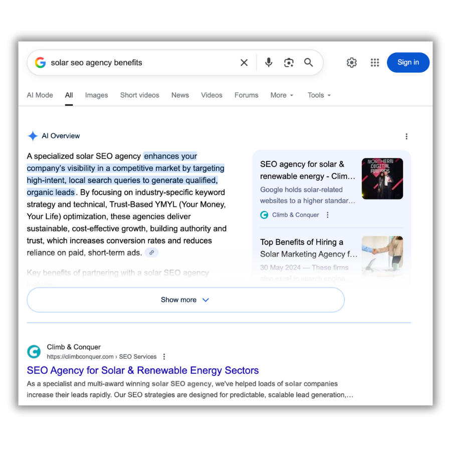 Climb & Conquer appearing in the AI overviews for SEO.